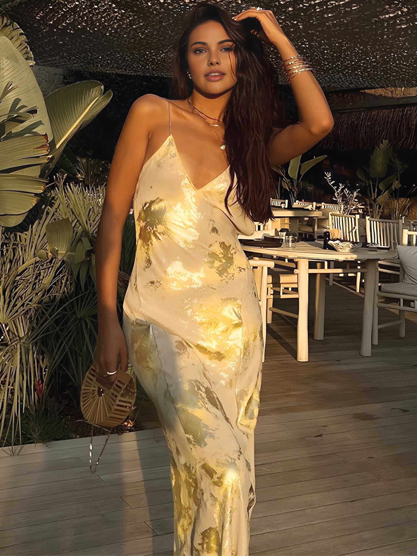 Viviana | Halter maxi dress with metallic print and V-neck