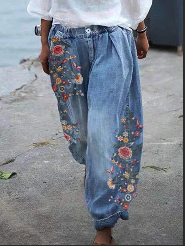 Victoria | Floral Pattern Women'S Denim Cargo Pants