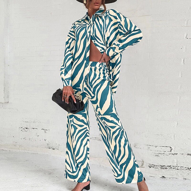 Vera | Elegant Abstract Print Long-Sleeved Blouse And Pants Set