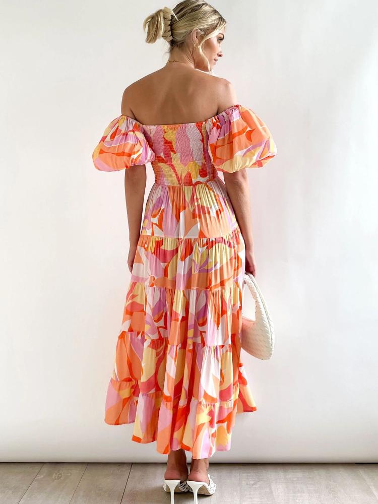 Wanda | Printed Off-The-Shoulder Tiered Maxi Dress With Puff Sleeves