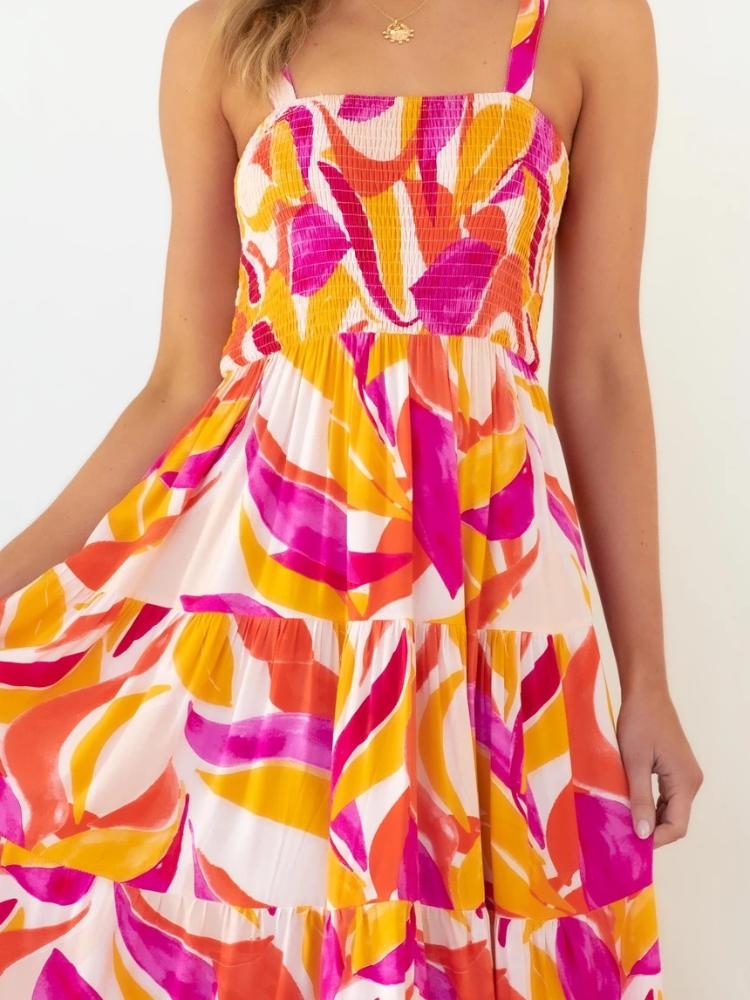 Xana | Printed Tiered Maxi Summer Dress With Ruched Bodice
