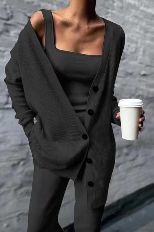 Adela | Casual Solid Cardigan Vest Pants Square Neck Long Sleeves Three Piece Set (3 Colors)