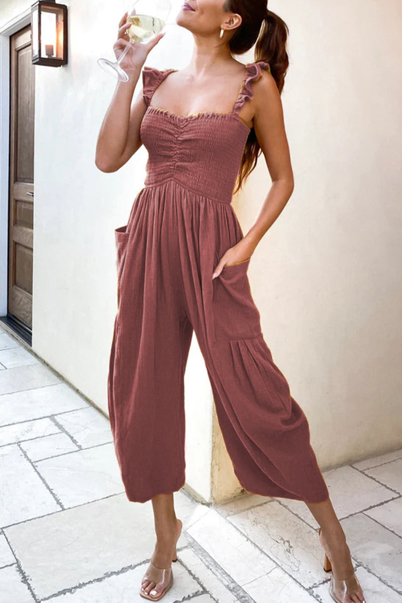Wies | Casual Street Solid Patchwork Pocket Spaghetti Strap Straight Jumpsuits (4 Colors)