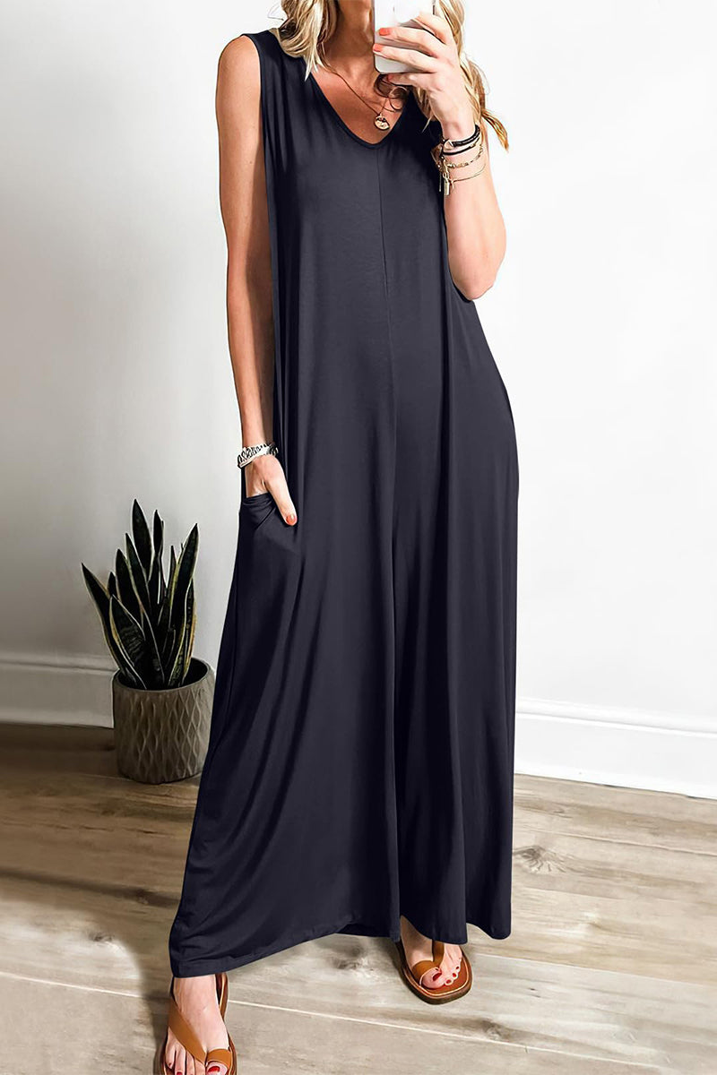 Wilhelmina | Simplicity Solid Pocket VNeck Loose Jumpsuits
