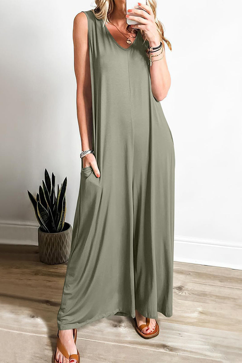 Wilhelmina | Simplicity Solid Pocket VNeck Loose Jumpsuits
