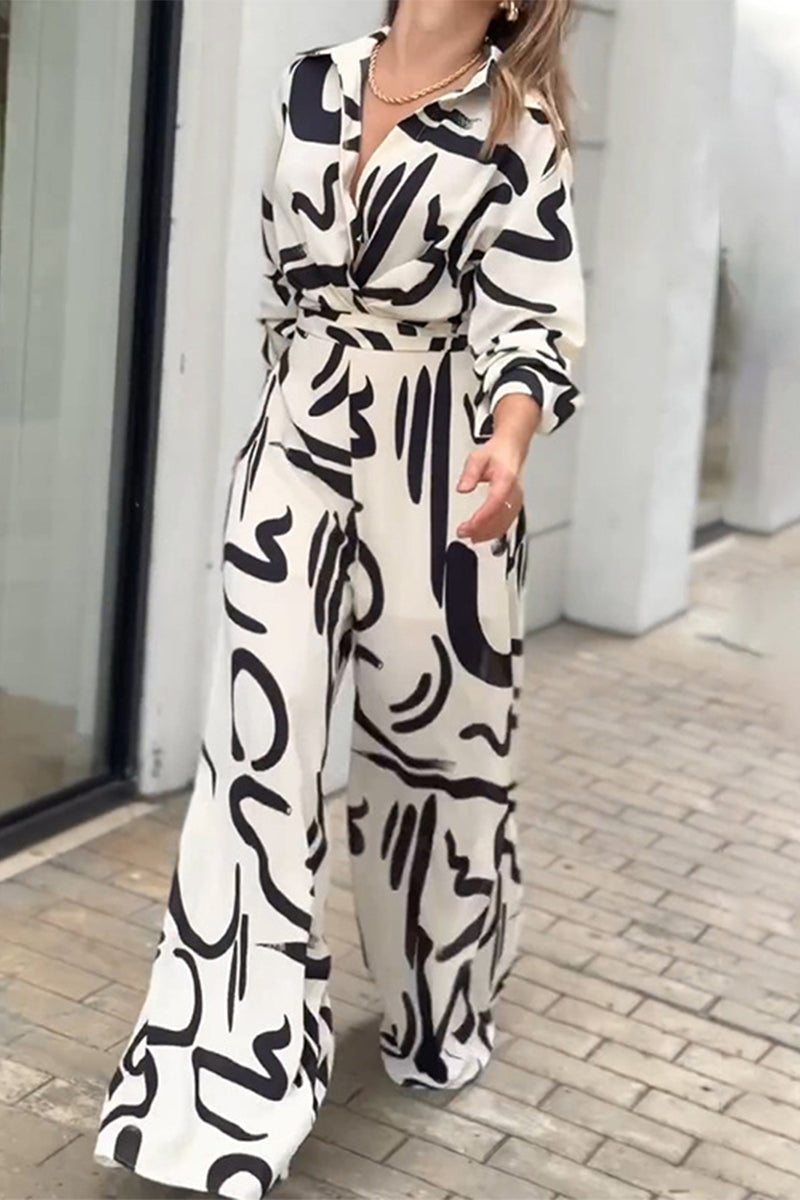 Tess | Casual Street Geometric Print Roll Neck LaceUp Loose Jumpsuit