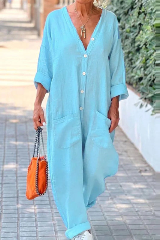 Aafke | Casual monochrome jumpsuits with button pockets and Vneck (Regular)