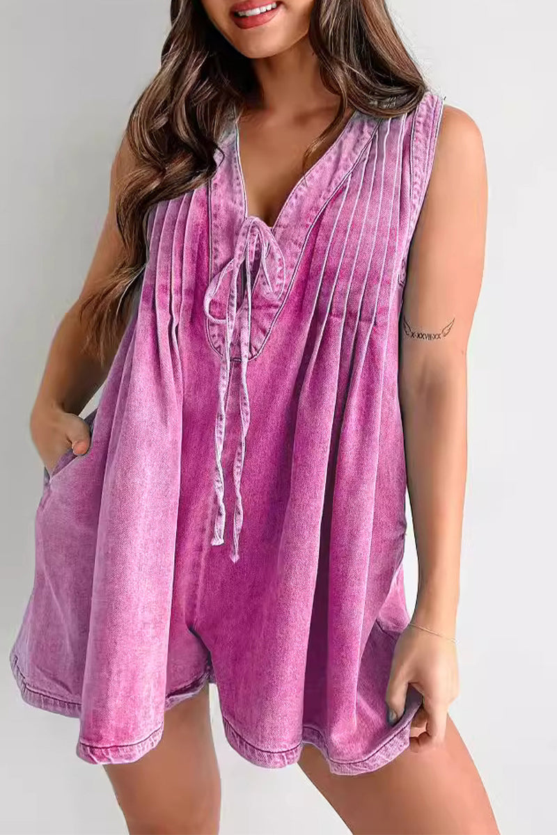 Wendy | Casual Street Solid Color Pocket Lace Up V Neck Sleeveless Loose Denim Jumpsuits