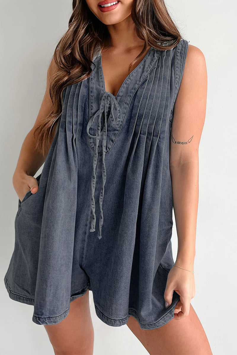 Wendy | Casual Street Solid Color Pocket Lace Up V Neck Sleeveless Loose Denim Jumpsuits