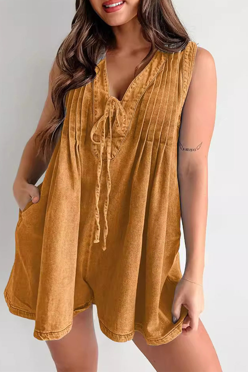 Wendy | Casual Street Solid Color Pocket Lace Up V Neck Sleeveless Loose Denim Jumpsuits