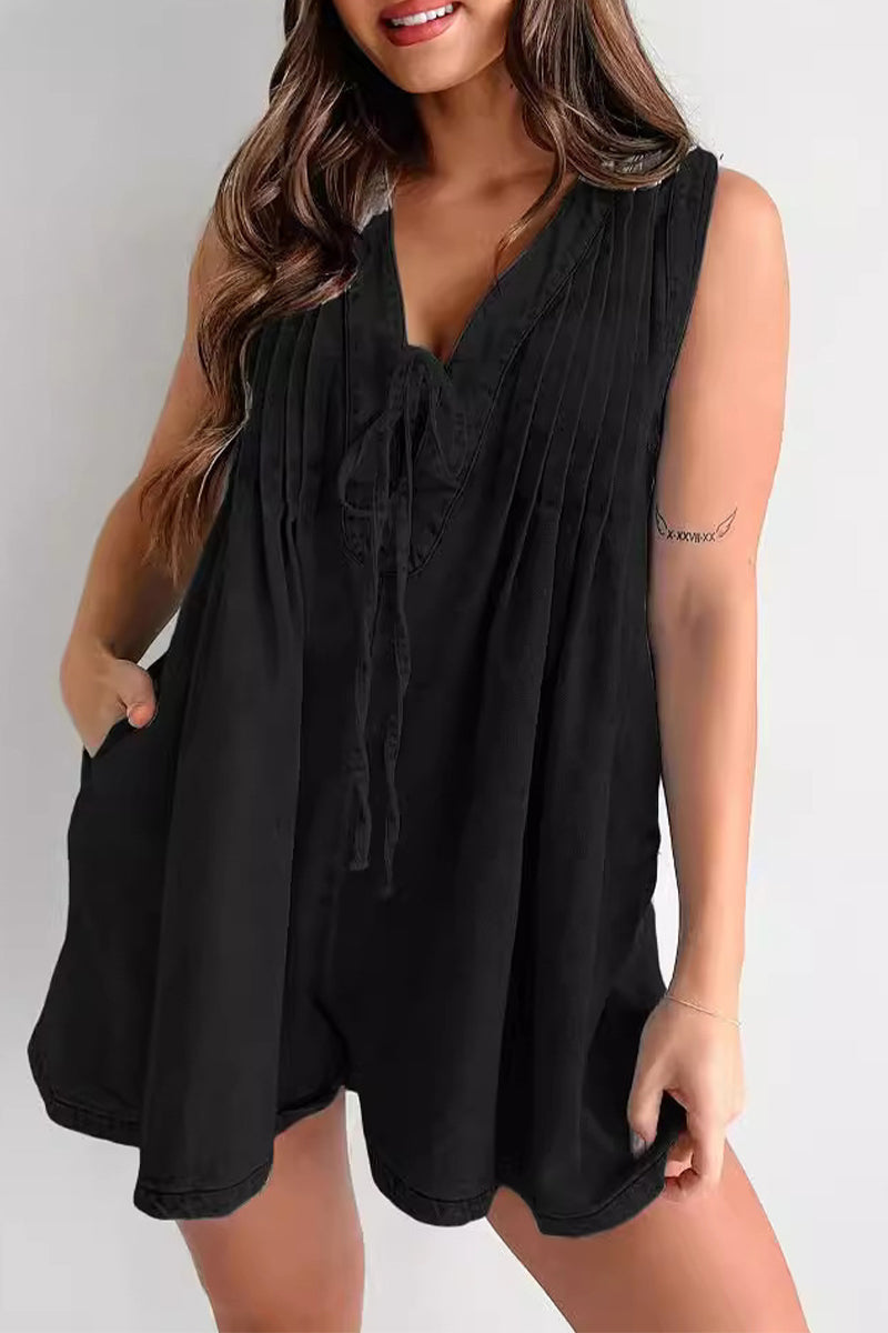 Wendy | Casual Street Solid Color Pocket Lace Up V Neck Sleeveless Loose Denim Jumpsuits