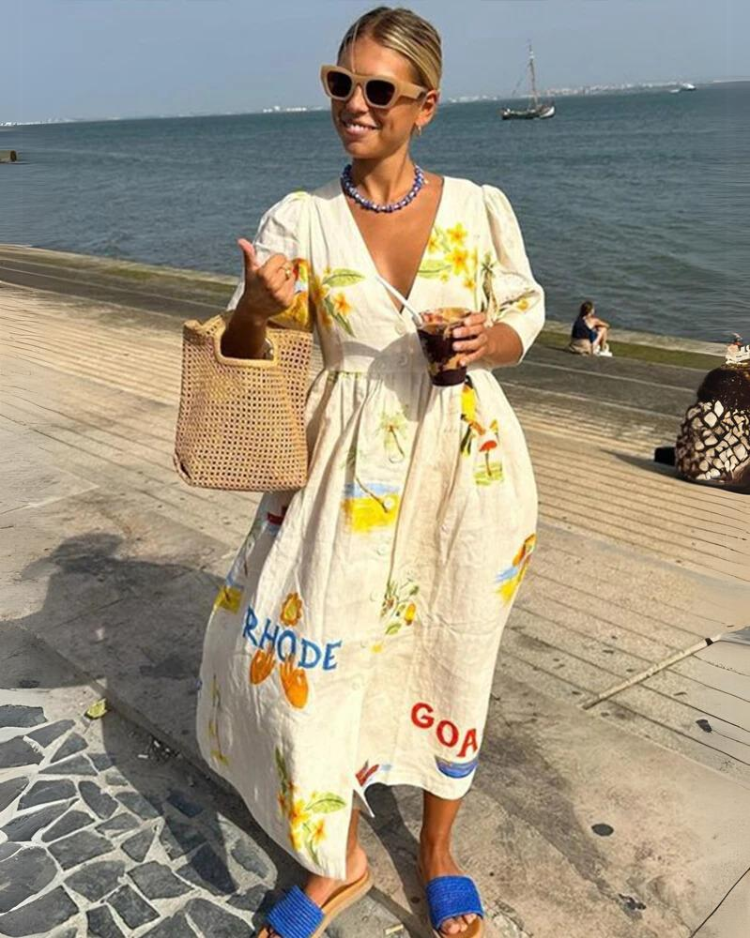 Vera | Elegant Oversized V-Neck Dress For Women In Beige