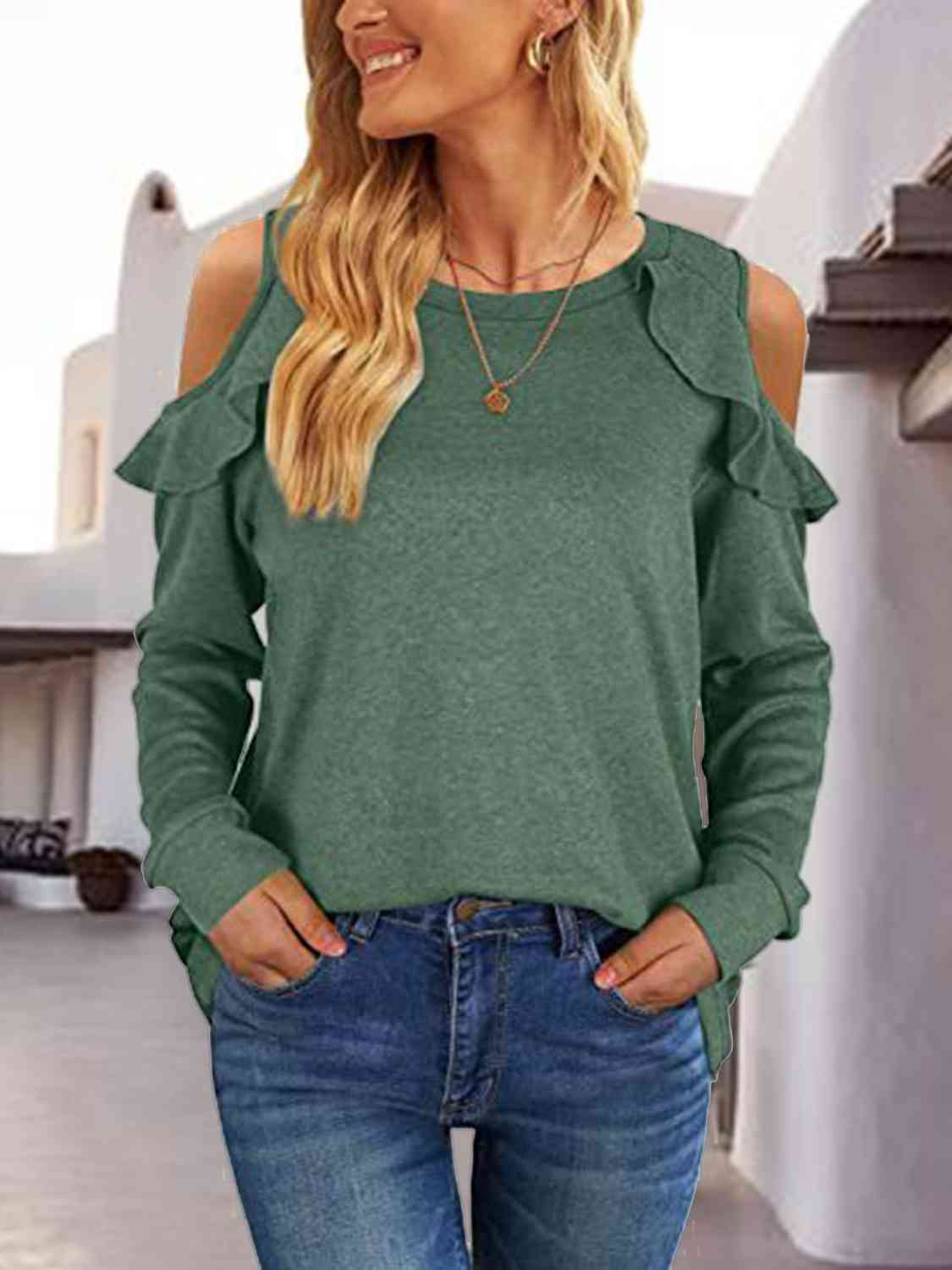 Xaviera | Casual Round Neck Ruffle Open Shoulder Long Sleeve Blouse