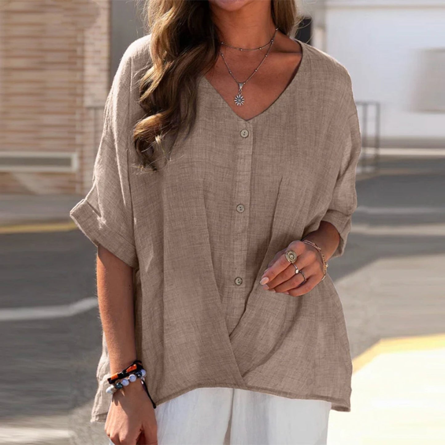 Tilda | Stylish Women'S Linen Blouse With V-Neck & Button Placket