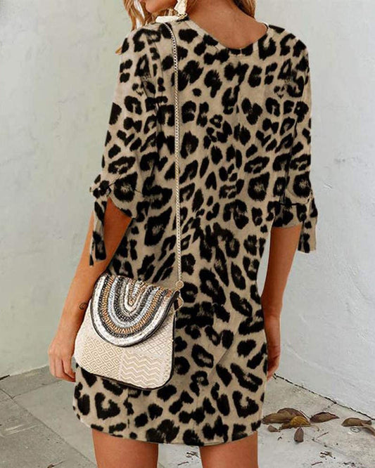 Willow | Leopard Print Round Neck Women'S Dress
