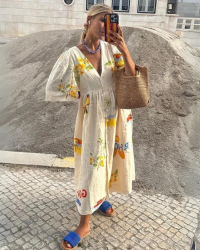 Vera | Elegant Oversized V-Neck Dress For Women In Beige