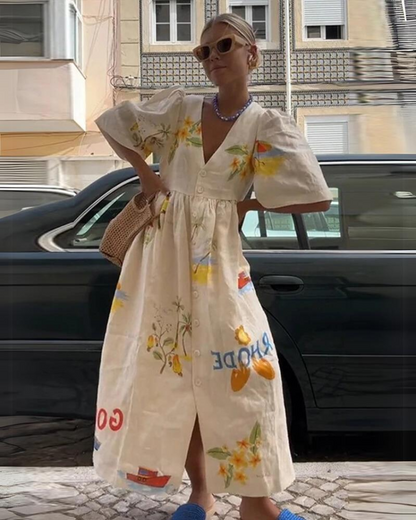 Vera | Elegant Oversized V-Neck Dress For Women In Beige