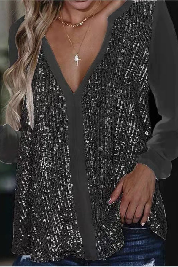 Úrsula | Long Sleeve Sequin V-Neck Blouse