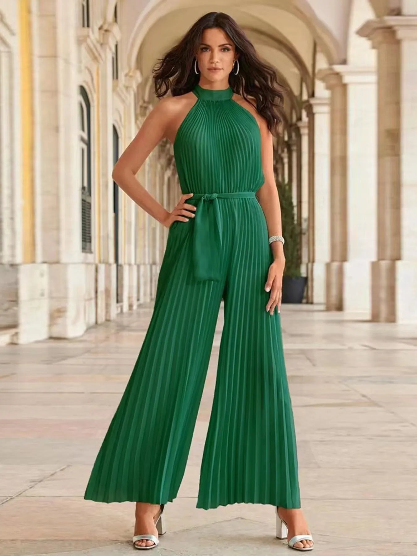 Valeria | Elegant Sleeveless Pleated Wide Leg Jumpsuit