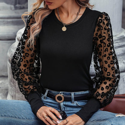 Waverly | Black Blouse With Leopard Lace Sleeves
