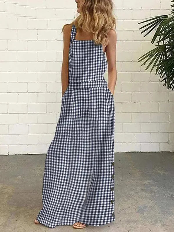 Trinidad | Long sleeveless dresses with buttons and pockets in a plaid pattern with a split spaghetti neckline