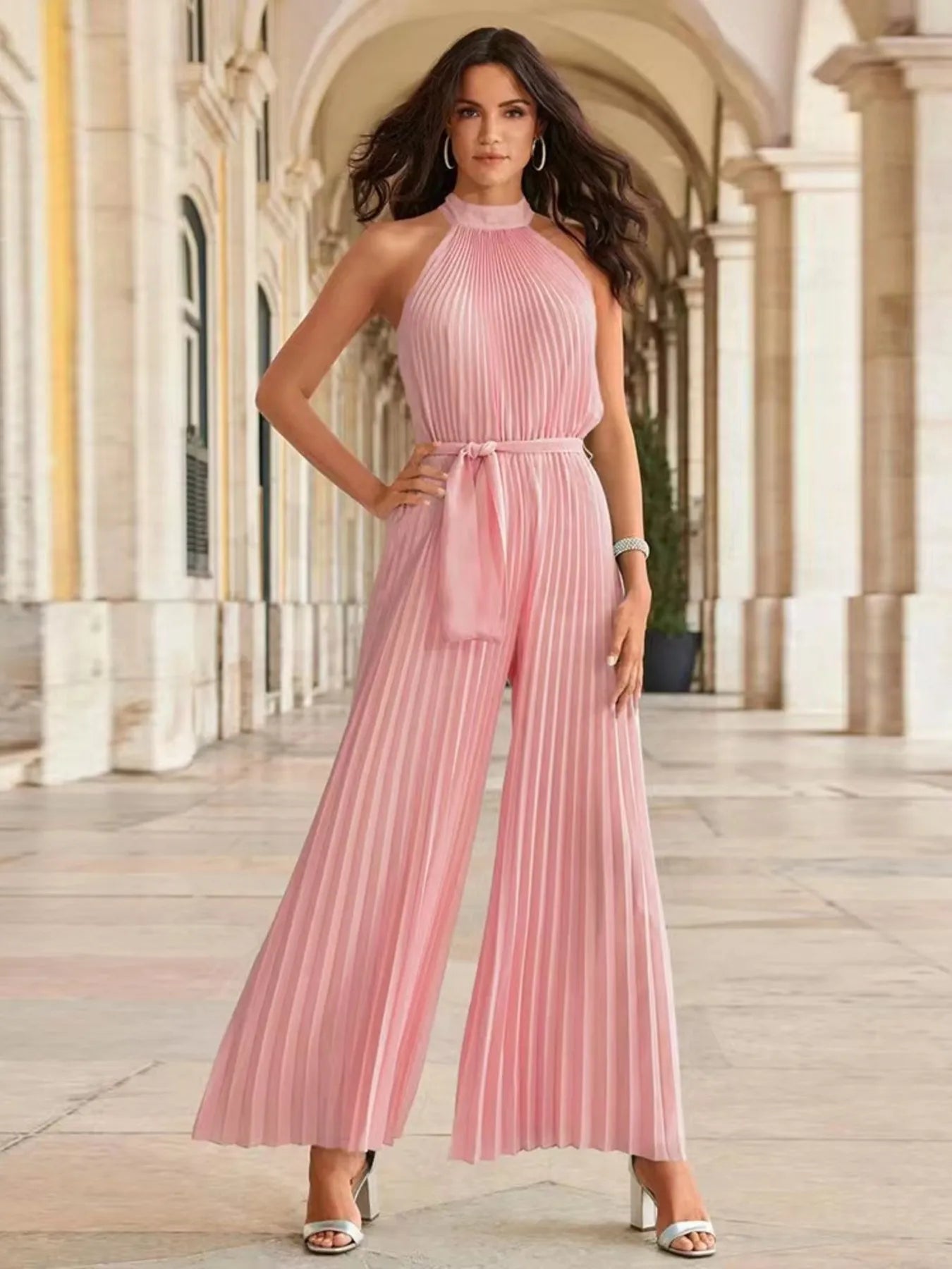 Valeria | Elegant Sleeveless Pleated Wide Leg Jumpsuit