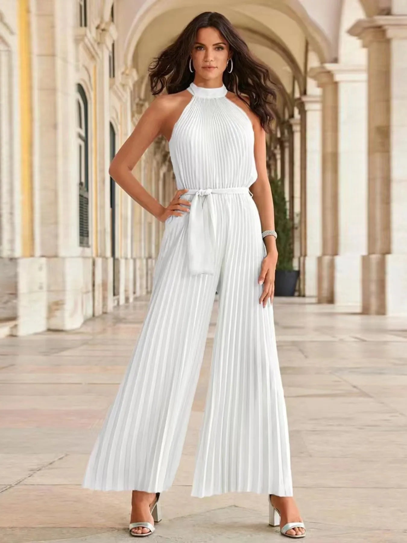 Valeria | Elegant Sleeveless Pleated Wide Leg Jumpsuit