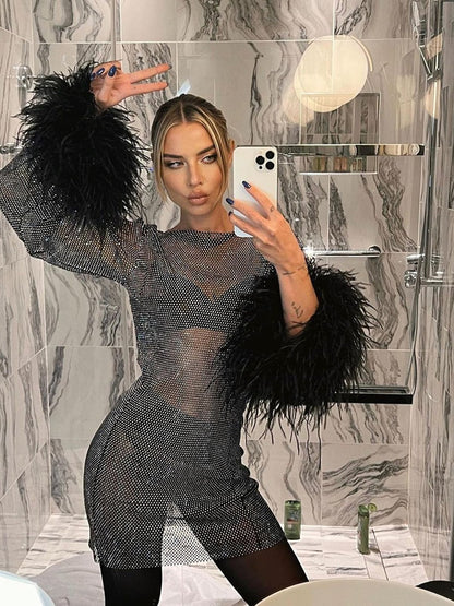 Uma | Feather-Embellished Sheer Party Dress