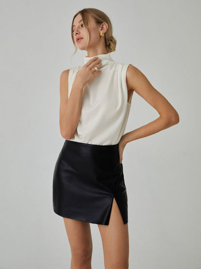 Veda | Pleated Sleeveless Blouse With A High Collar