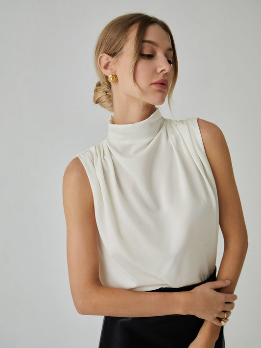 Veda | Pleated Sleeveless Blouse With A High Collar