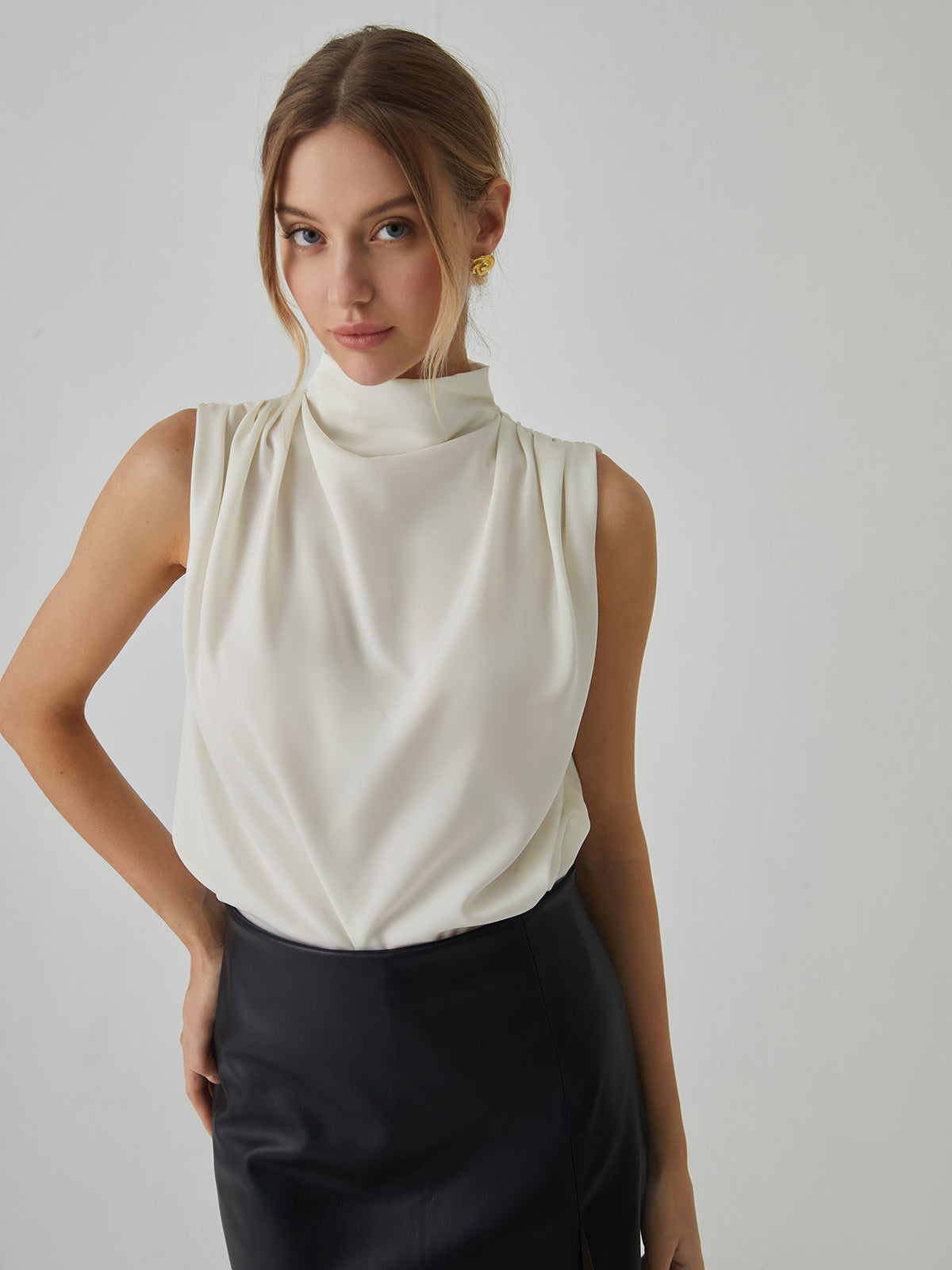 Veda | Pleated Sleeveless Blouse With A High Collar
