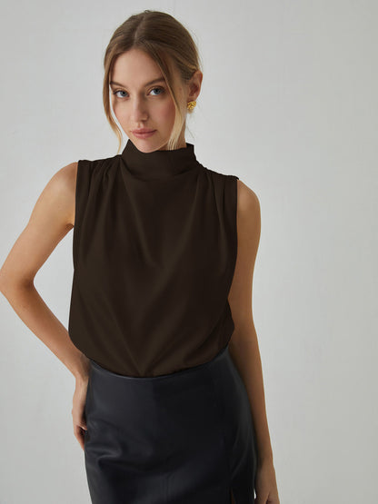 Veda | Pleated Sleeveless Blouse With A High Collar