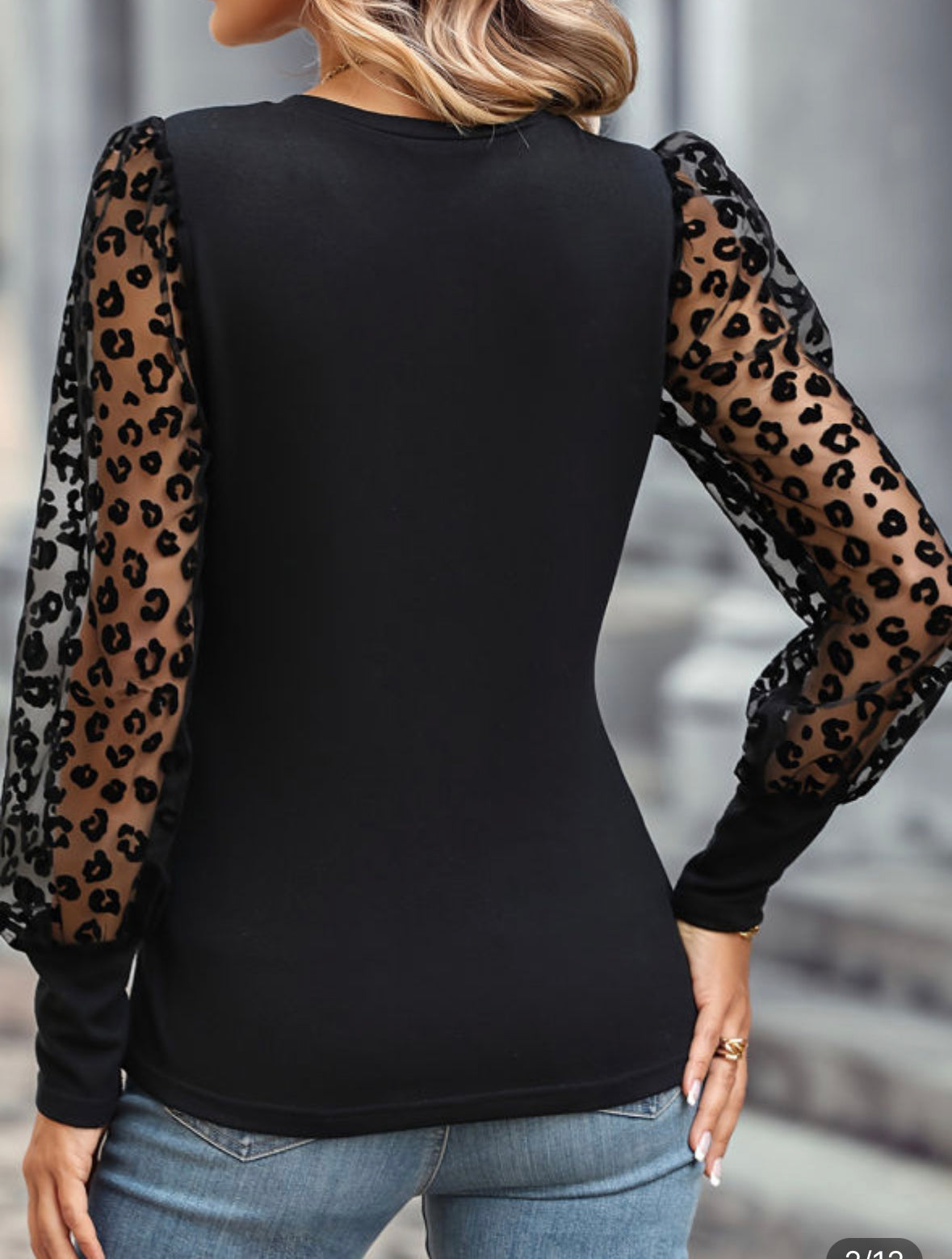 Waverly | Black Blouse With Leopard Lace Sleeves