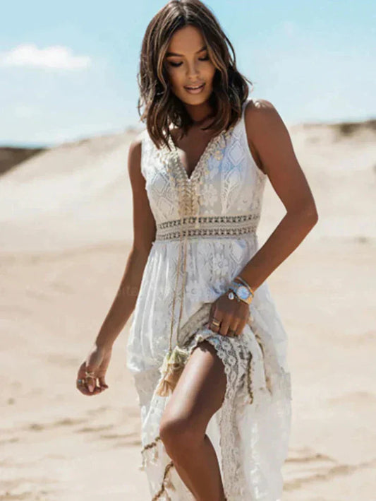 Tess | Long sleeveless bohemian dress with openwork details