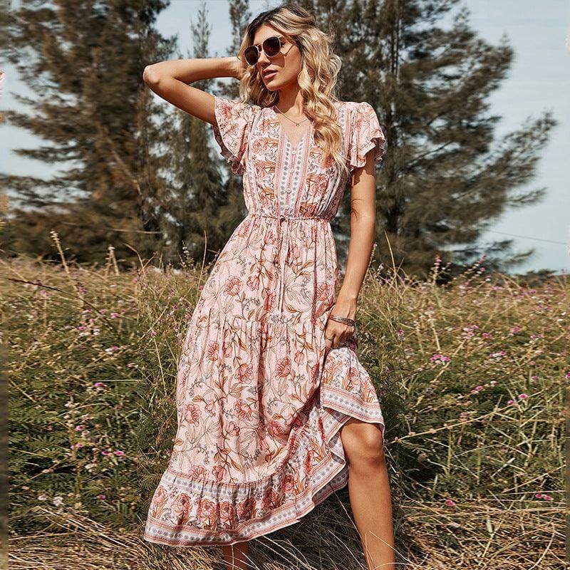 Wanda | Pink Bohemian Midi Dress