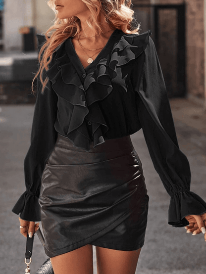 Trinidad | Ruffle Button Down Shirt V Neck Jabot Collar Flared Sleeve Long Sleeve Women Cute Elegant Fashion Blouse