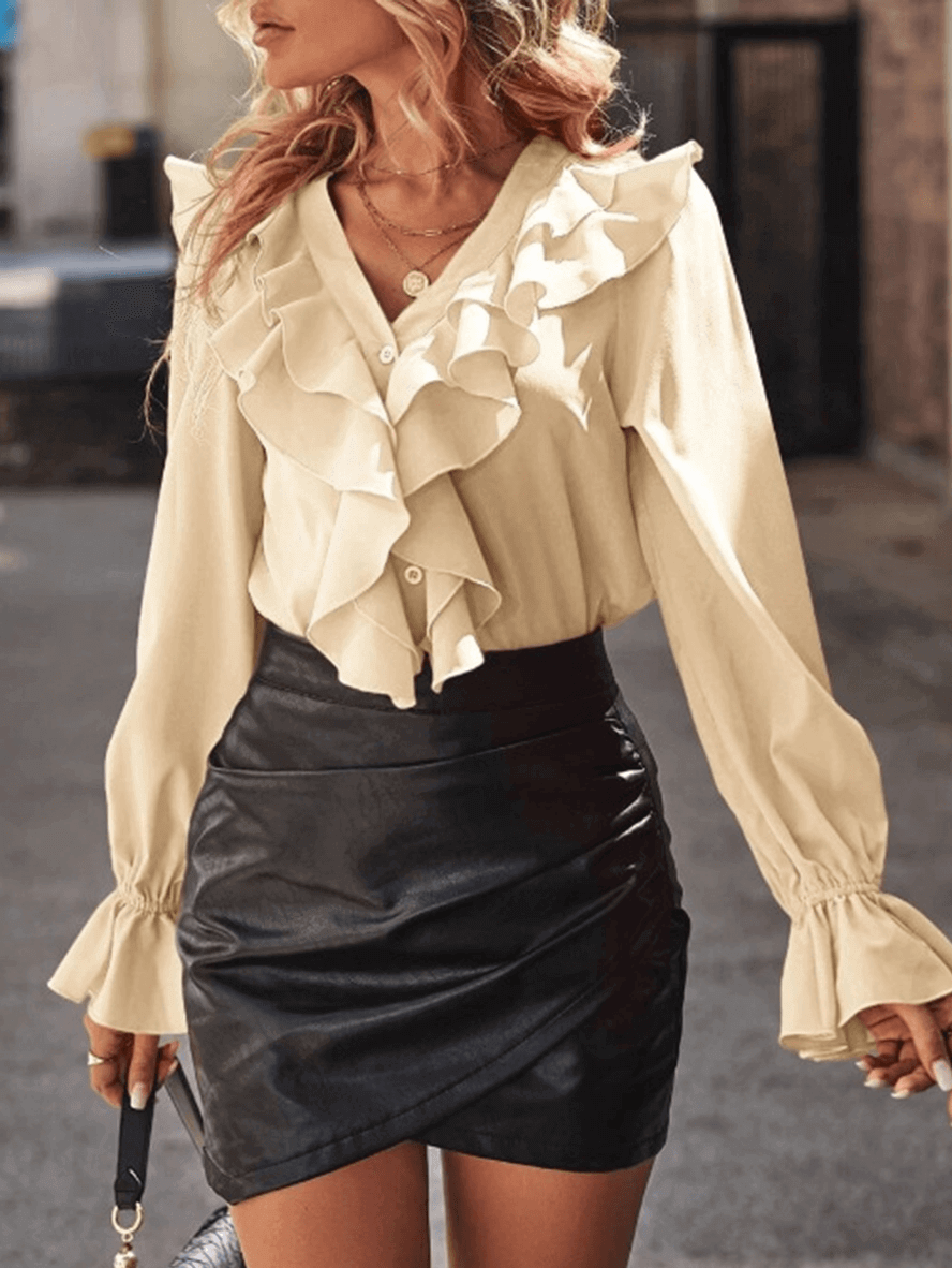 Trinidad | Ruffle Button Down Shirt V Neck Jabot Collar Flared Sleeve Long Sleeve Women Cute Elegant Fashion Blouse