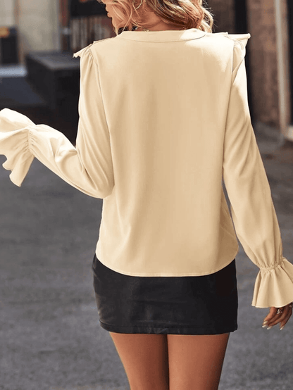 Trinidad | Ruffle Button Down Shirt V Neck Jabot Collar Flared Sleeve Long Sleeve Women Cute Elegant Fashion Blouse