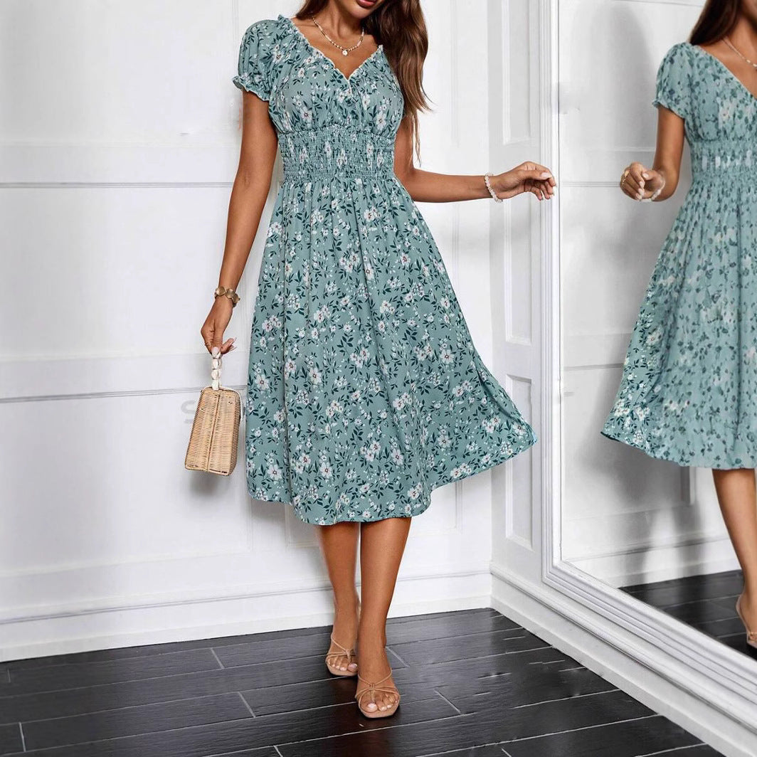 Tirsa | Women'S Floral Midi Dress With Elastic Waist And Ruffle Details