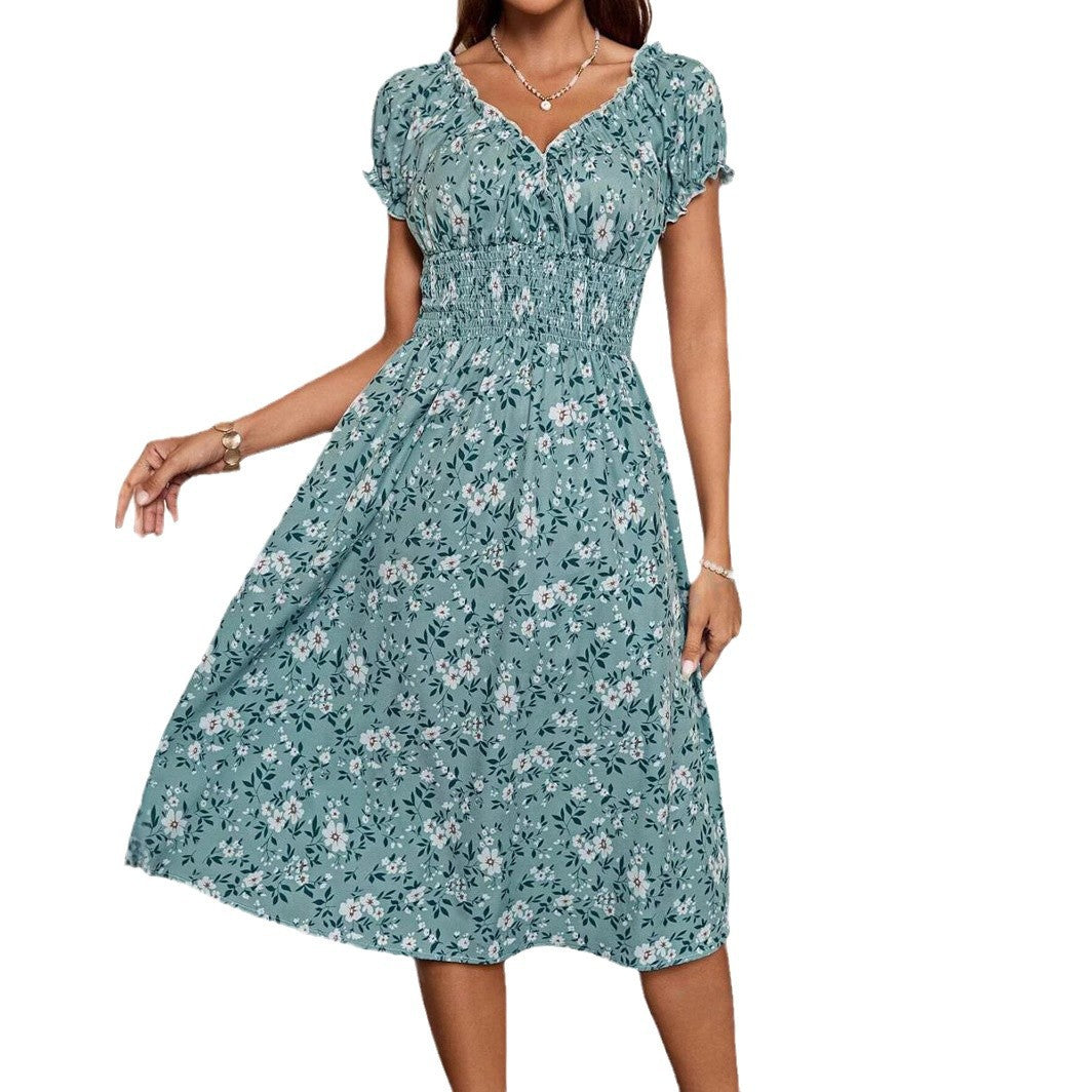 Tirsa | Women'S Floral Midi Dress With Elastic Waist And Ruffle Details