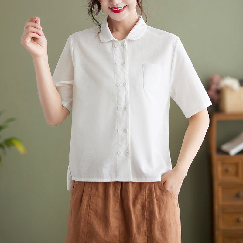 Veda | White Short Sleeve Cotton Linen Blouse For Women