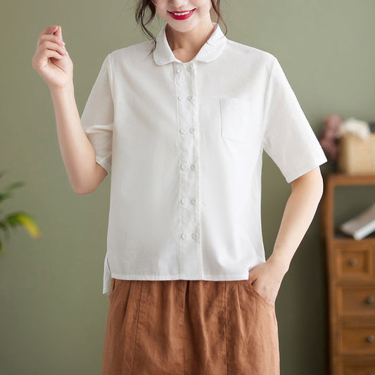 Veda | White Short Sleeve Cotton Linen Blouse For Women