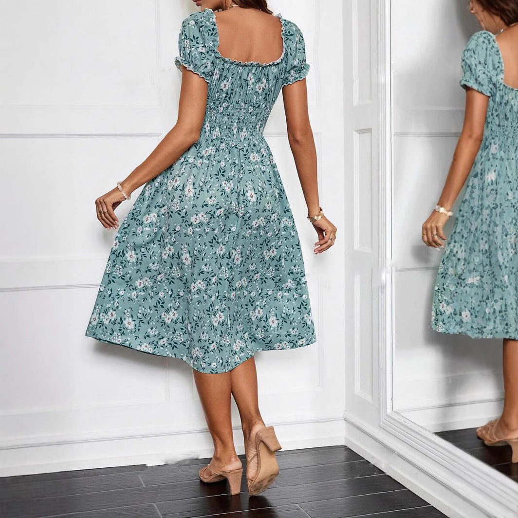 Tirsa | Women'S Floral Midi Dress With Elastic Waist And Ruffle Details