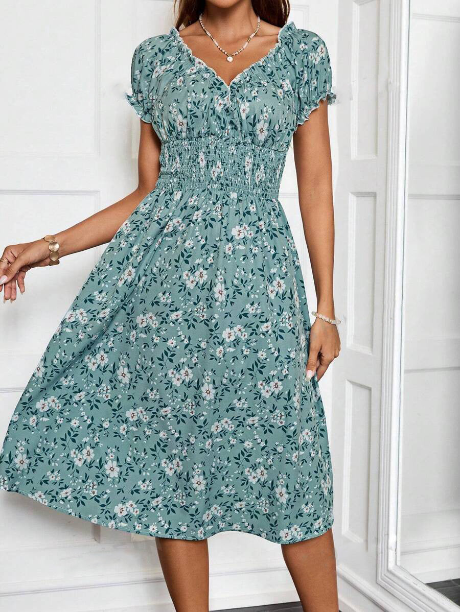 Tirsa | Women'S Floral Midi Dress With Elastic Waist And Ruffle Details