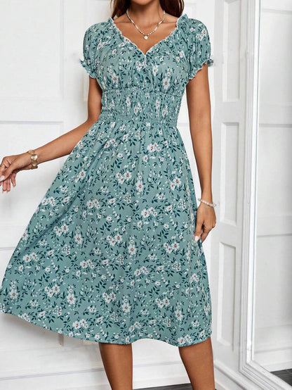 Tirsa | Women'S Floral Midi Dress With Elastic Waist And Ruffle Details