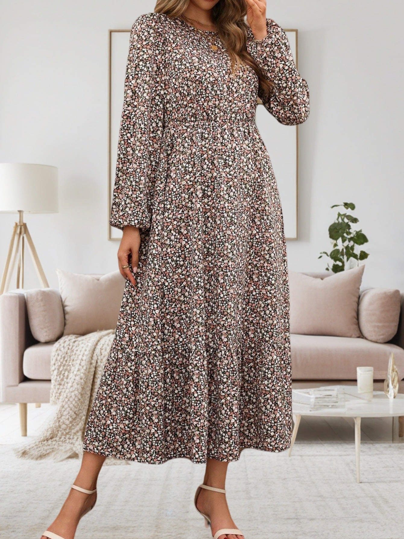 Teresa | Women'S Floral Print Midi Dress With Long Sleeves