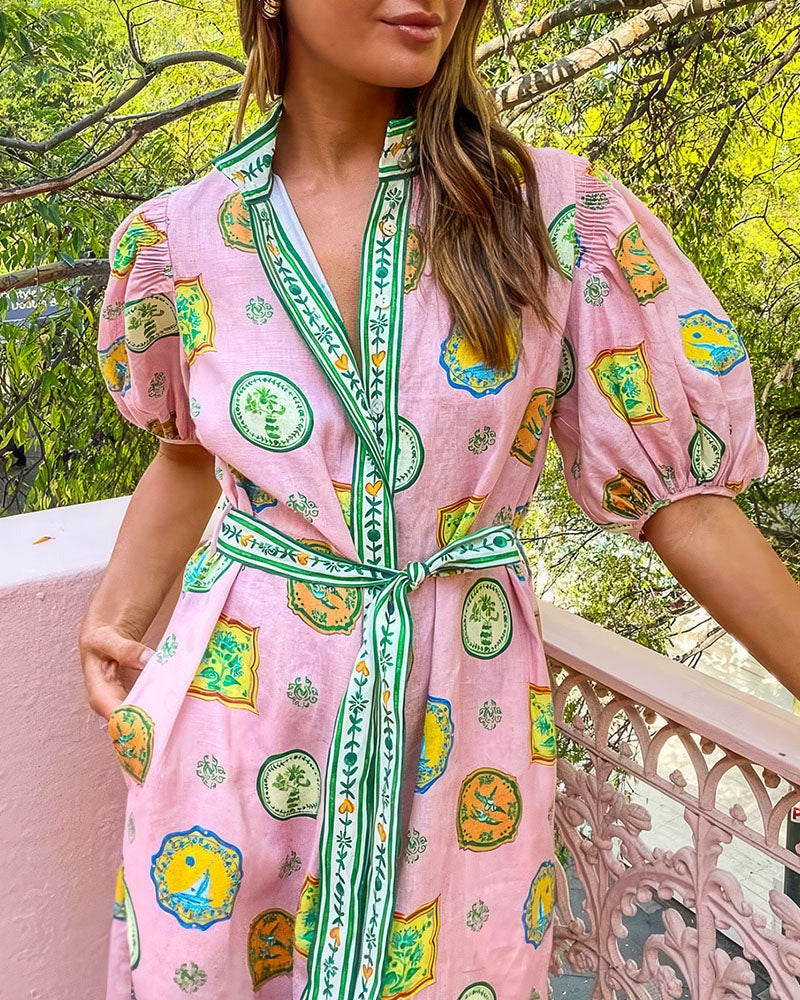 Abigail | Elegant women's midi dress with balloon sleeves, belt and pockets