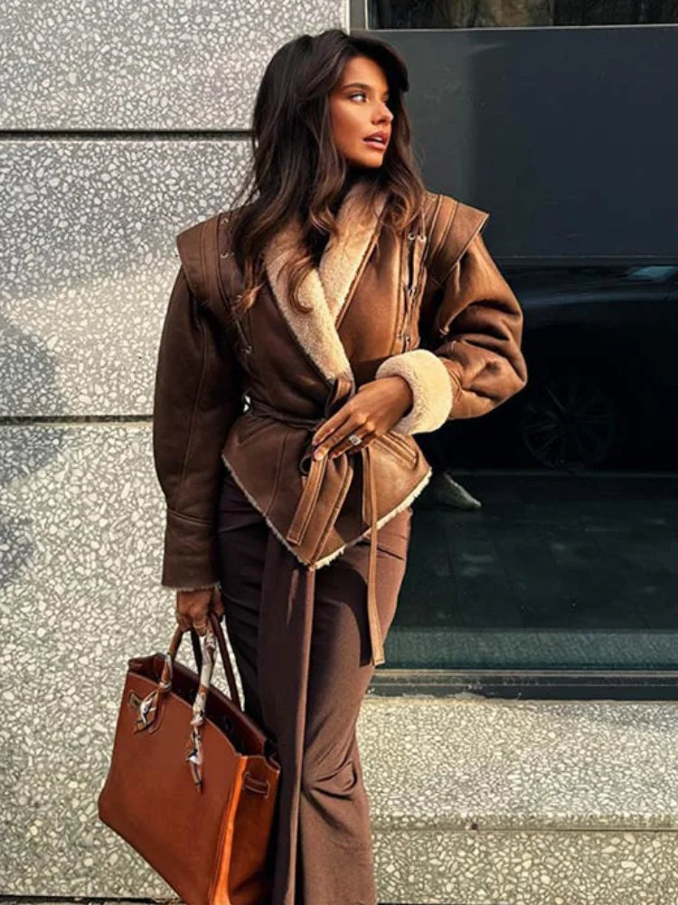 Teresa| Lisa ��������� Brown Jacket with Belt and Collar