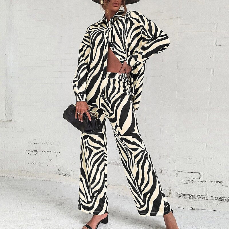 Vera | Elegant Abstract Print Long-Sleeved Blouse And Pants Set