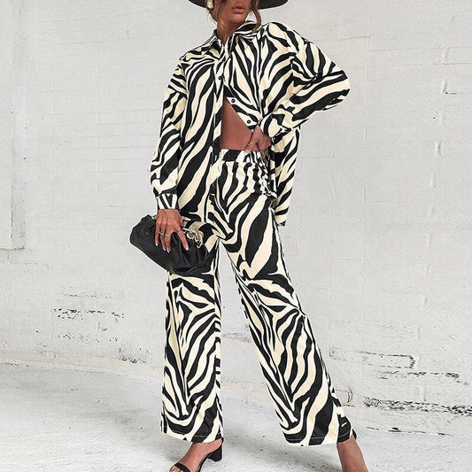 Vera | Elegant Abstract Print Long-Sleeved Blouse And Pants Set